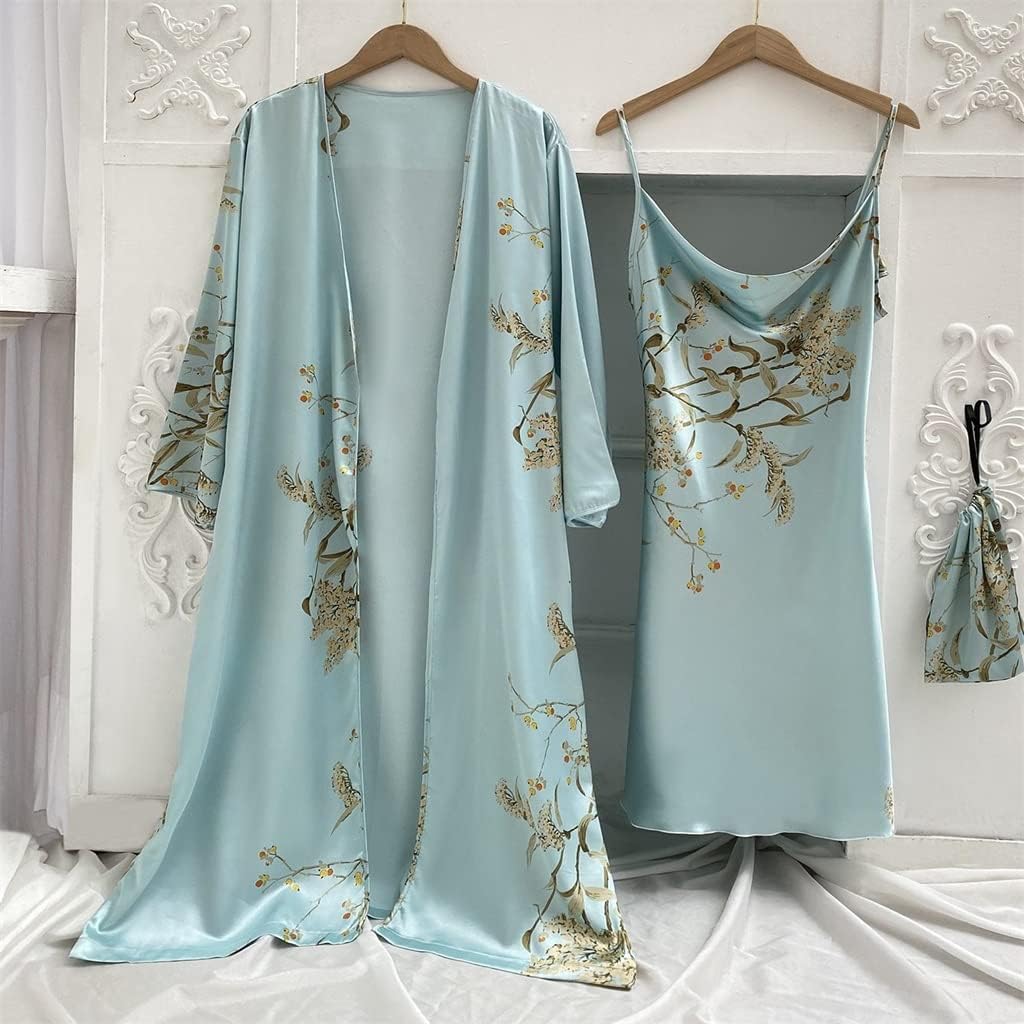 Print 2pcs Robe Sleep Suit Women Bridal Kimono Bathrobe Gown Lingerie Satin V-Neck Sleepwear Strap Nightgown(Medium)