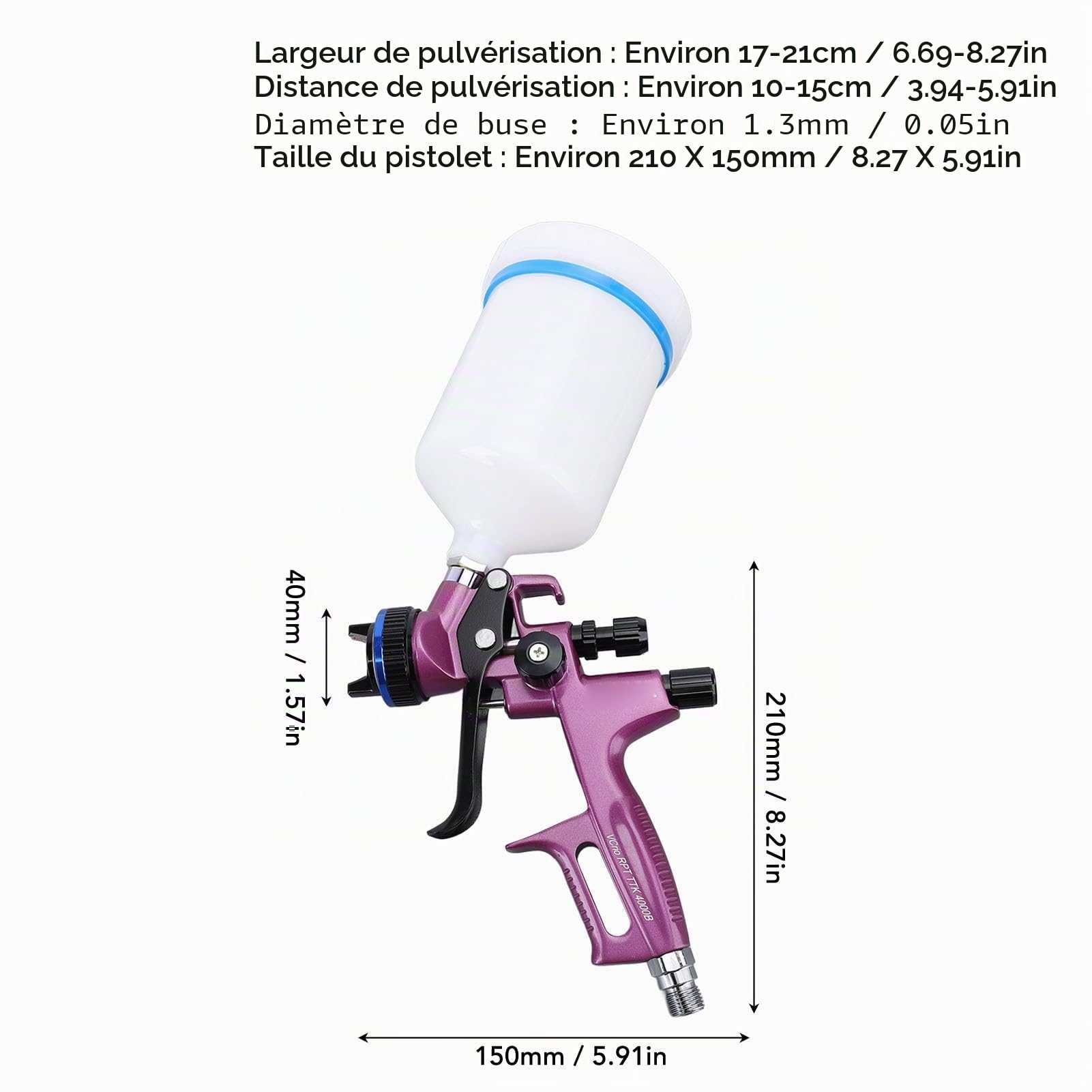 Kit de Pistolet Pulvérisateur HVLP avec Pointe de 1,3 Mm, Pulvérisateur de Peinture Professionnel 4000B avec Gobelet d'alimentation de 600 ML, Motif et Taux de Pulvérisation