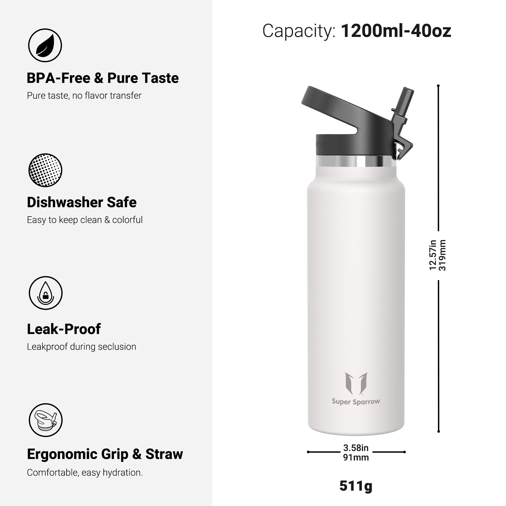 Super Sparrow Borraccia Termica - 500ml, 750ml, 1000ml, 1.2L, 1.5L- SwivelSip Inox Bottiglia - Senza BPA Borracce Termiche, Borraccia Ergonomica per Bambini, Sportiva, Bici, Campeggio, Palestra