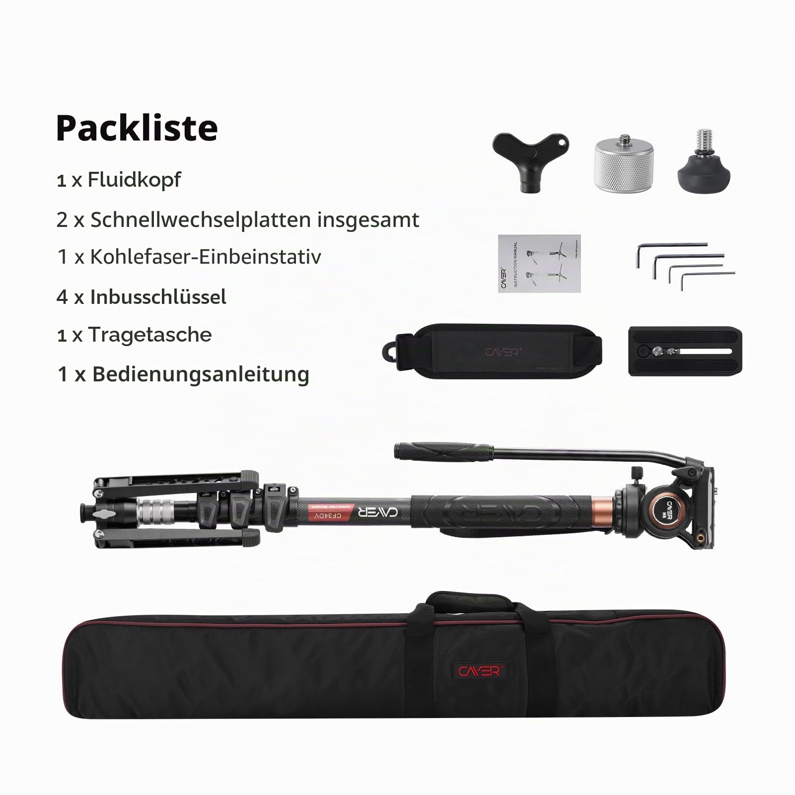 Cayer CF34DV Professionelles Video-Einbeinstativ 71 "Carbonfaser-Einbeinstativ mit Schwenk-Neige-Fluidkopf und 3-Bein-Stativfuß für DSLR-Videokameras-Camcorder sowie 1 zusätzliche Gleitplatte