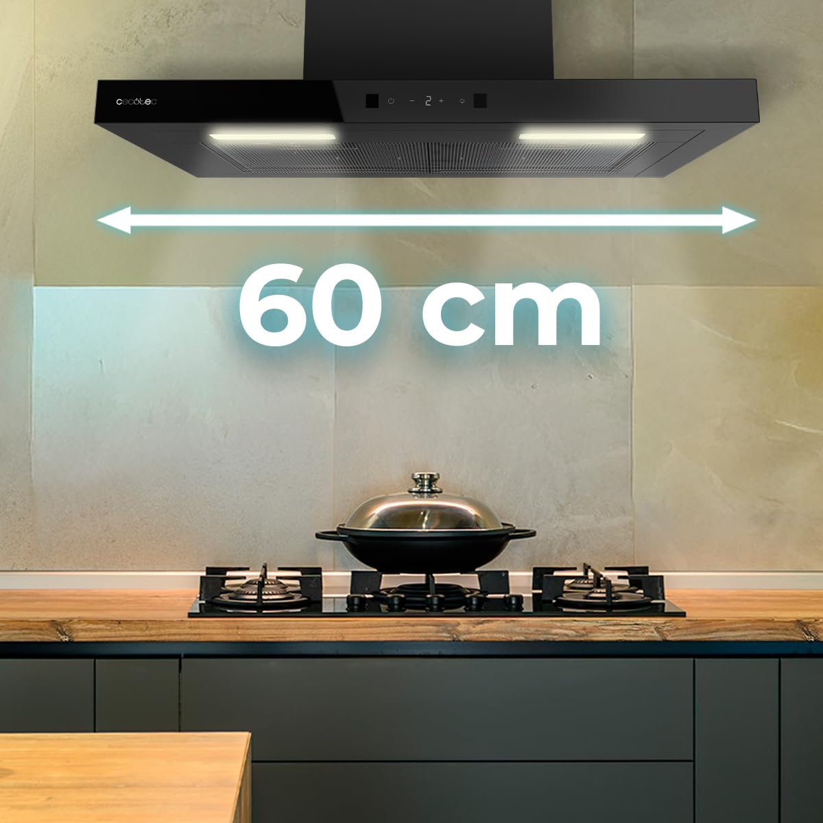 Cecotec T-förmige Dunstabzugshaube 60cm Bolero Flux, 413,3 m³/h, Energieklasse A++, Bewegungssteuerung, Booster mit hoher Effizienz und innovativer Technologie für moderne Küchen