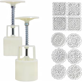 2 Pieces Moon Cake Molding Press with 10 Stamps Round Flowers and Square Flowers Decorating Tools for Moon Cake Baking Cookies Desserts