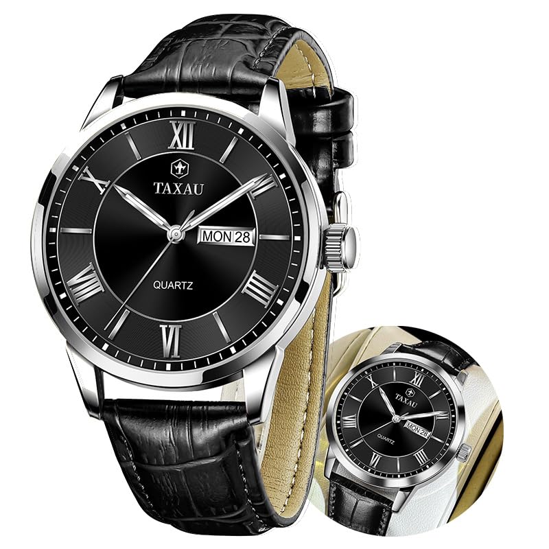 Taxau Klassische Lederuhren für Männer Analog Quartz Big Dial Luxus Armbanduhren Wasserdicht Luminous Day Date Reloj para Hombre