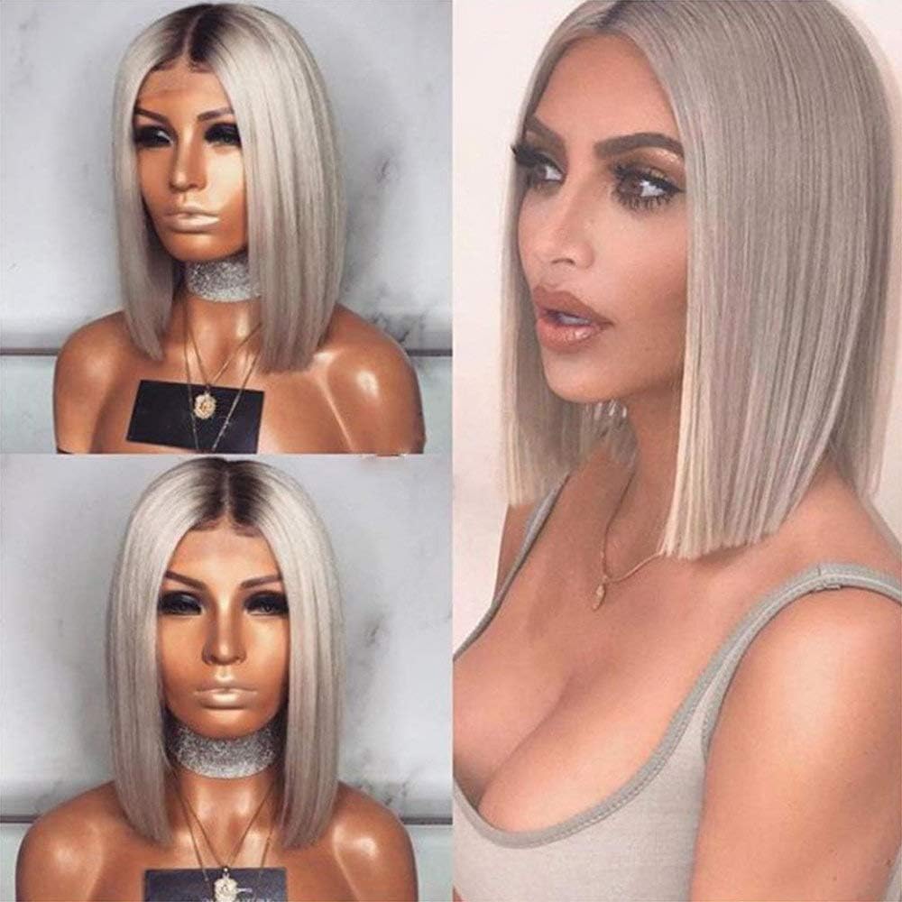 Short Lace Front Wig, Dark Grey Bob Wig Human Hair Straight Bob Medium Size Cap Short Colored Bob Lace Wigs Bleached Knots
