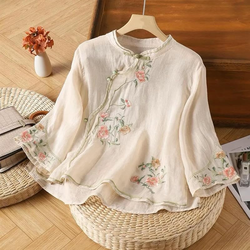 Women's National Style Spring Summer Cotton Linen Shirt Embroidered Retro Asymmetrical Frog Button 3/4 Sleeve Top