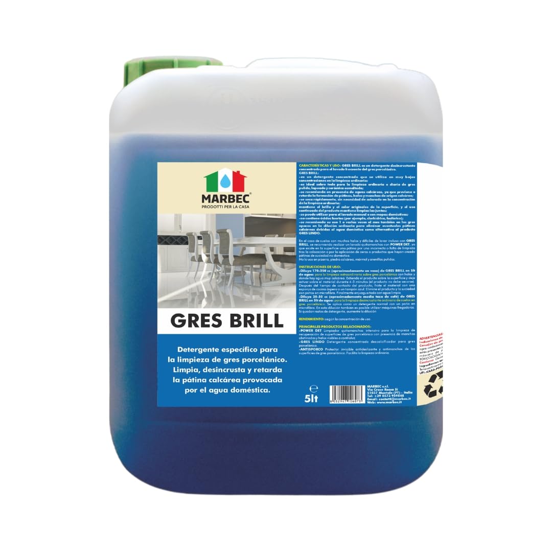MARBEC GRES BRILL 5LT Detergente específico para la limpieza de gres porcelánico. Limpia, desincrusta y ralentiza la formación de cal causada por el agua doméstica.