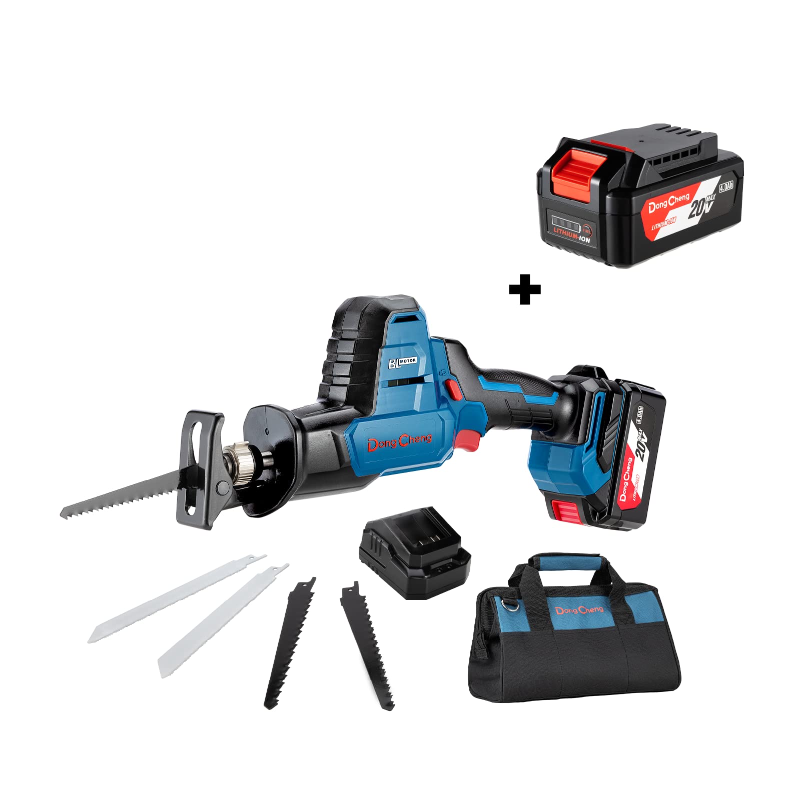 DongCheng Cordless Reciprocating Saw, 20V MAX 0-3000 SPM, 7/8’’ stroke length, Brushless Compact Light-Weight Sawzall, 2 * 4.0Ah battery, with 4 Blades for Wood/Metal/PVC cutting, DCJF22