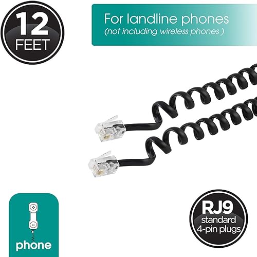 Miniatura 2 de Cable telefónico enrollado Power Gear, 2 pies enrollado, 12 pies desenrollado, cable telefónico compatible con todos los teléfonos fijos, para uso