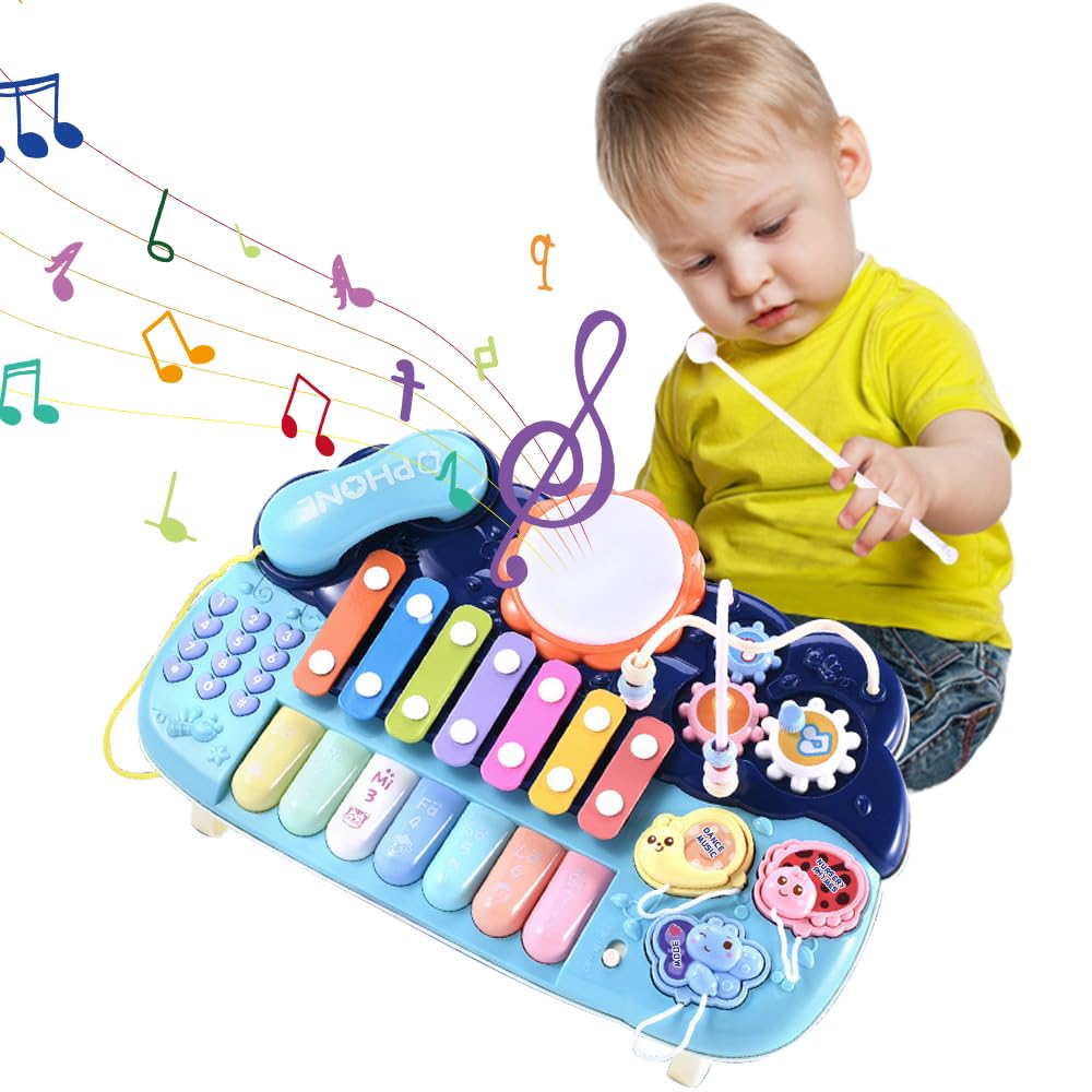 AzulmartToddler Piano Toy Keyboard, 7 In 1 Kids Musical Toy Baby Phone Drum Set 7 Keys Portable Multi-Functional Instrument Xylophone with Gear Game, Educational Electronic Music Toy Girls Boys Gifts