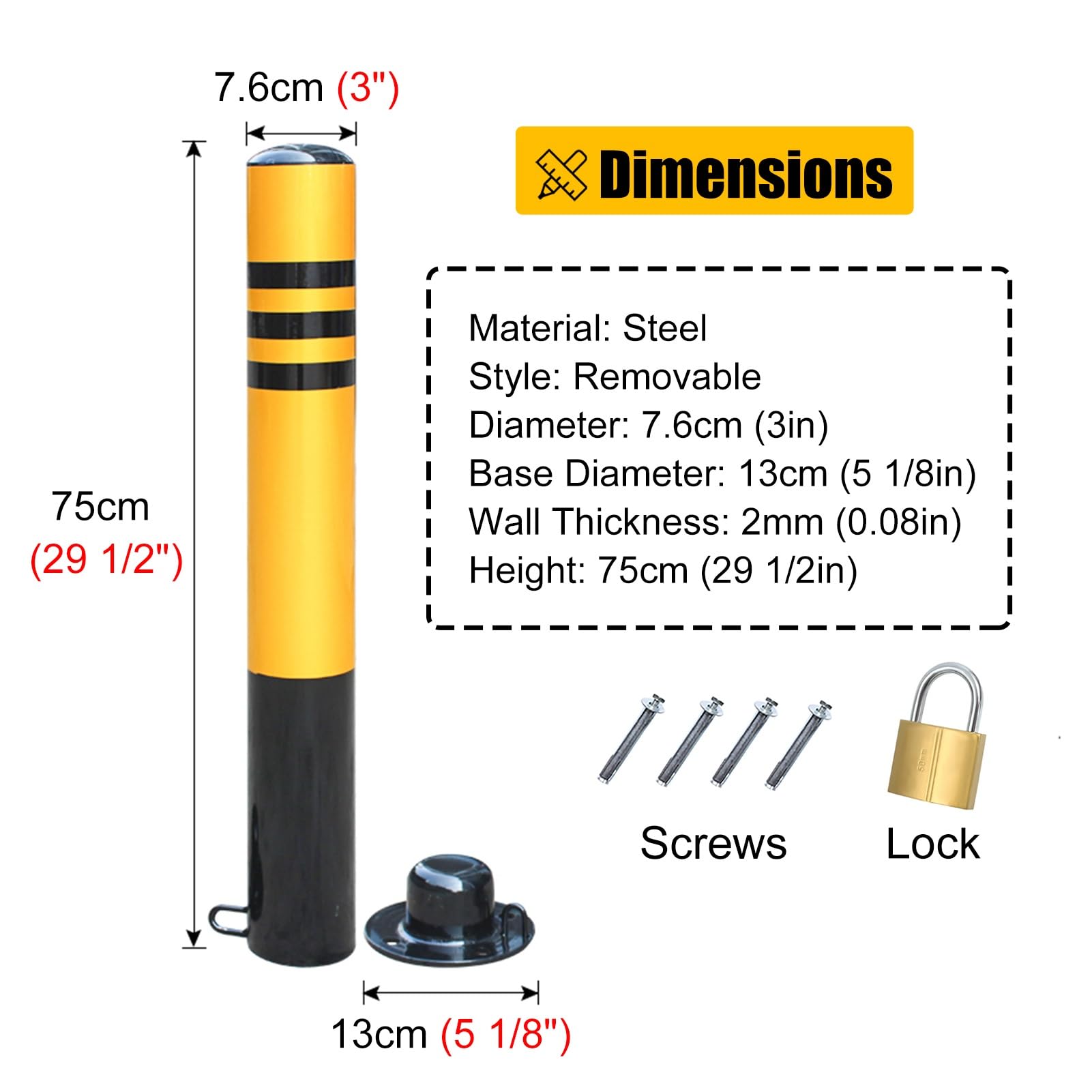 Generico Bollard Removable Reflective Safety Barrier Pole, Metal Tube for Traffic Control, Includes Bolts And Lock, Ideal for Garage And Sensitive Areas
