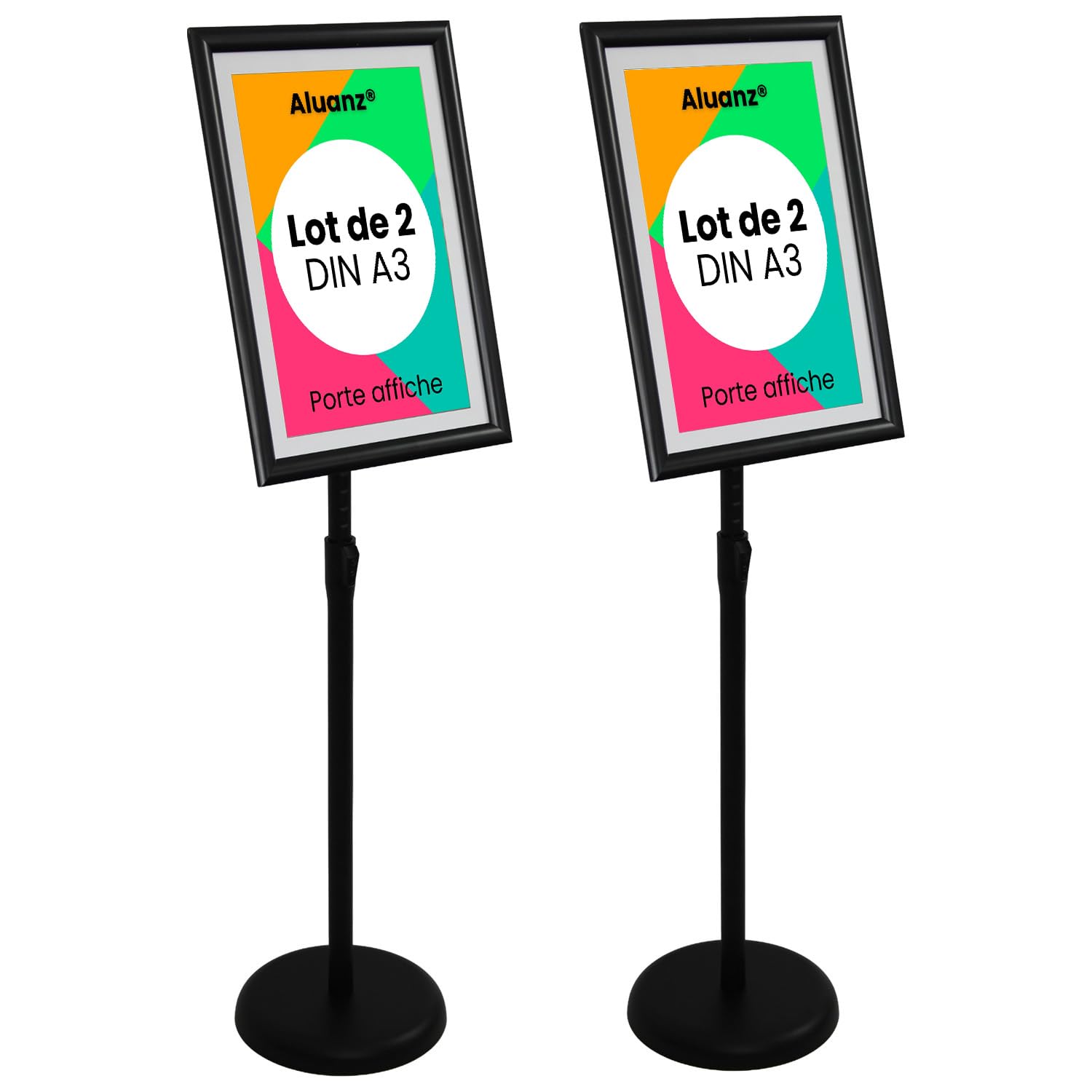 Porte affiche A3 sur pied, noir | Support d’information, Hauteur réglable, Porte affiche en aluminium, Présentoir pivotant, Présentoir buffet, 75-125 cm