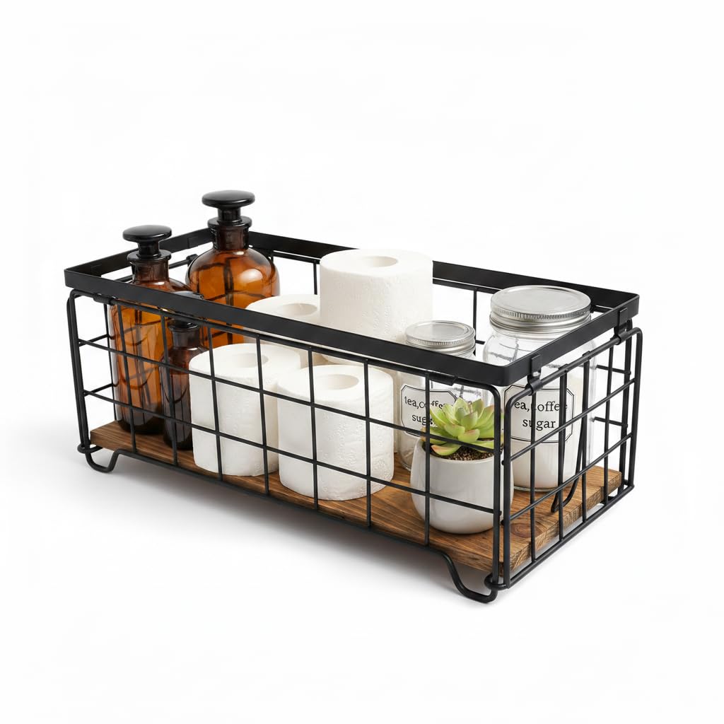 Gzsekken Metal Toilet Roll Basket, Black Wire Bathroon Storage Basket with Detachable Wood Base Toilet Roll Storage Basket for Bathroom, Kitchen Cabinets, Pantry, Laundry Room and Garage
