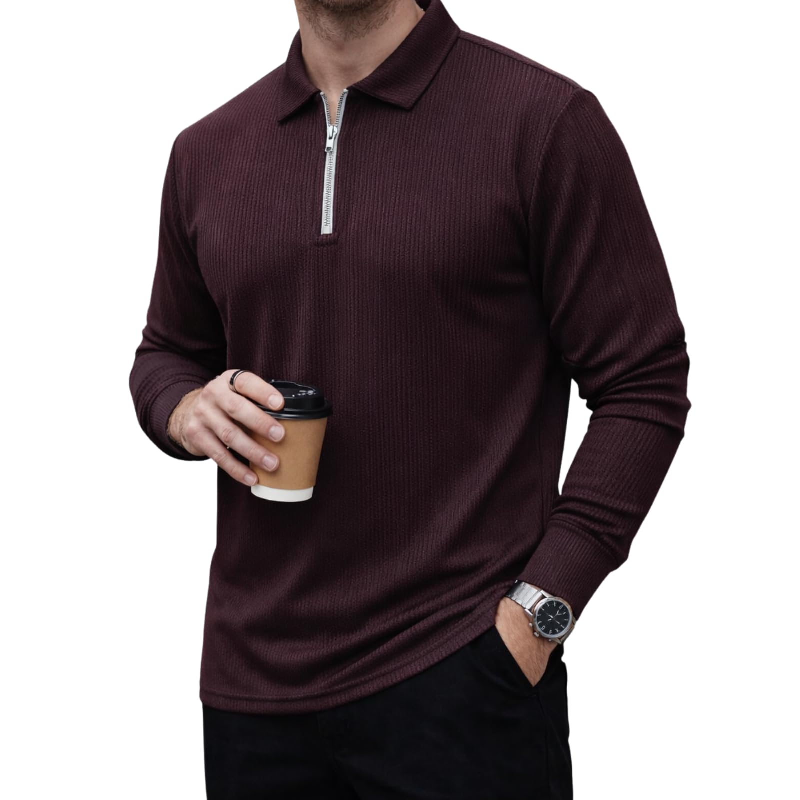 mack jonney Men’s Premium Ribbed Half-Zip Polo T-Shirt | Long Sleeve Soft Stretch Fabric | Stylish Casual & Smart Wear Top-M6783-picture-33