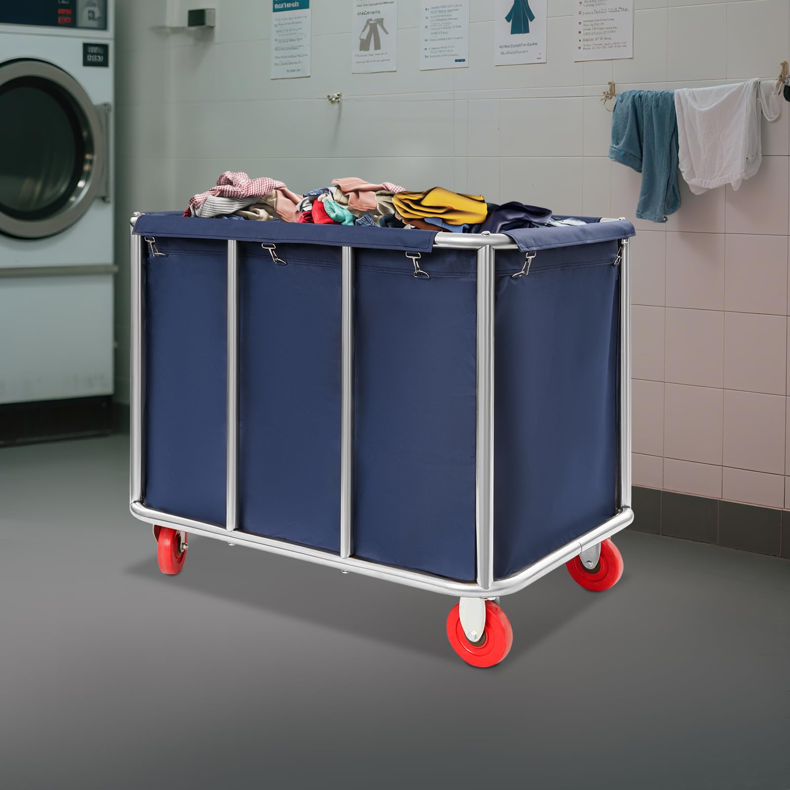 Carrello per la biancheria, 90 x 65 x 80 cm, in acciaio inox, con ruote, portata fino a 200 kg, per hotel, ospedali, mollette (blu) - 4