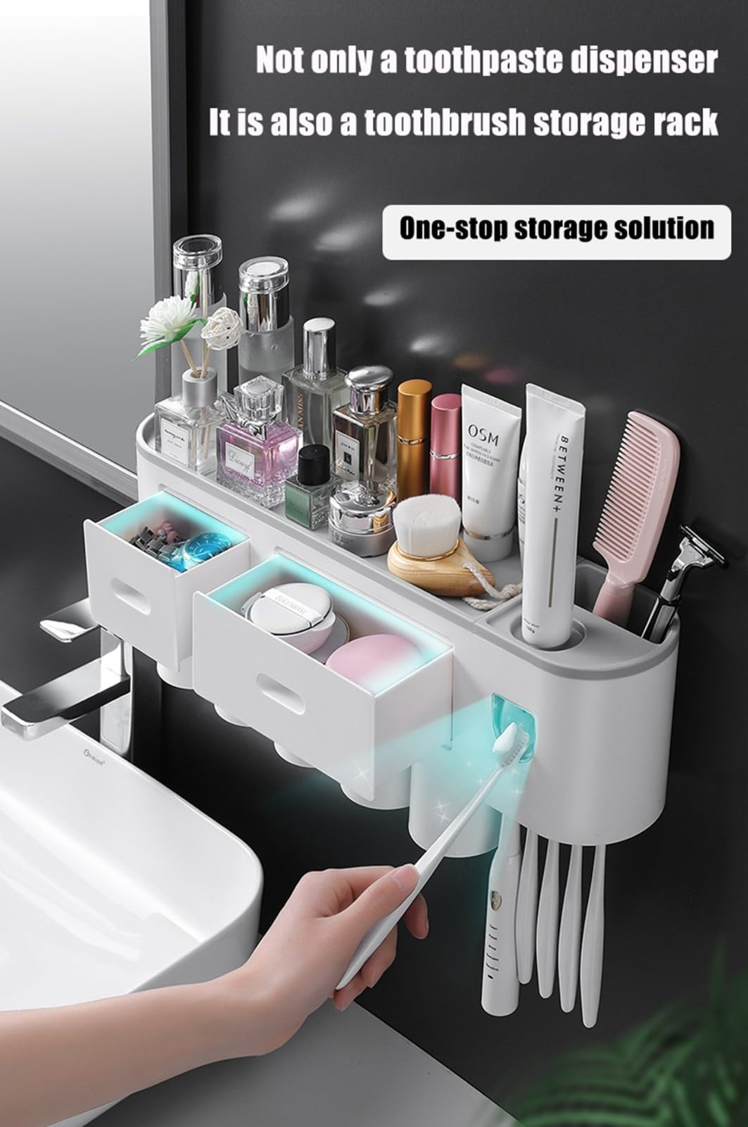 Zahnbürstenhalter Wand Mit Zahnpastaspender, Großer Kapazität Mit Kosmetik-Organizer-Schublade,Pinselschlitzen, Magnetischen Bechern Für Große Familien,Grau,5 Cups