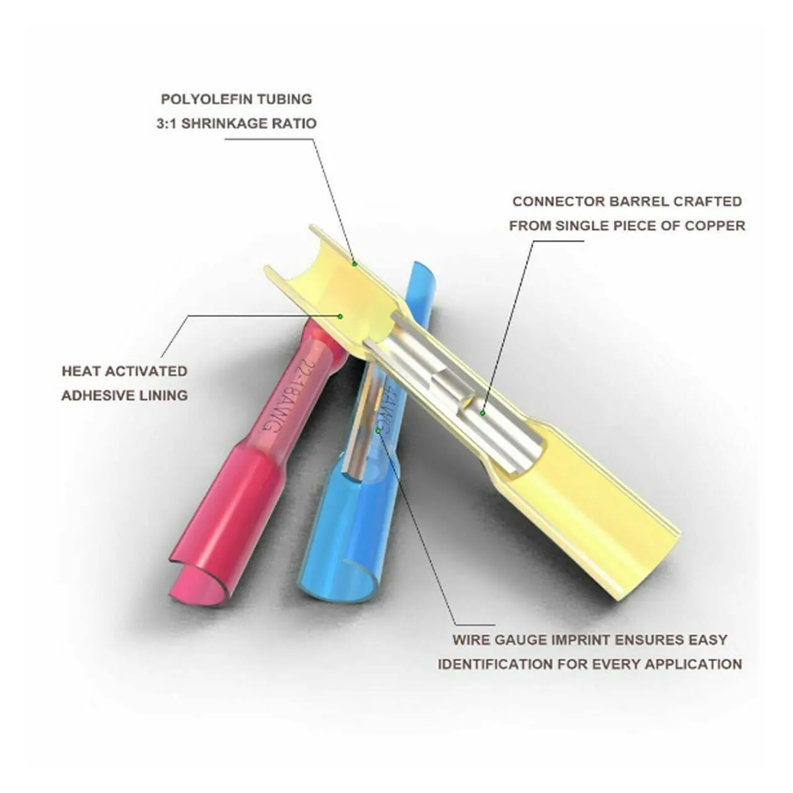 200Pcs Insulated Electrical Straight Wire Splice Butt Connectors Heat Shrink Seal Crimp Terminals with Words