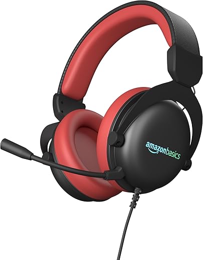 Amazon Basics Wired Over The Ear Gaming Headphones with Mic | RGB | 7.1 Channel Surround Audio | Remote Control (Black – Red)