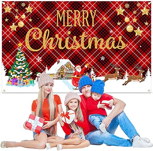 Dacitiery Christmas Backdrop Banner, Large Fabric Red Plaid Christmas Photography Backdrop Merry Christmas Wall Decoration Supplies, Indoor Outdoor Christmas Party Decor Photo Props70.9 x 43.3Inc