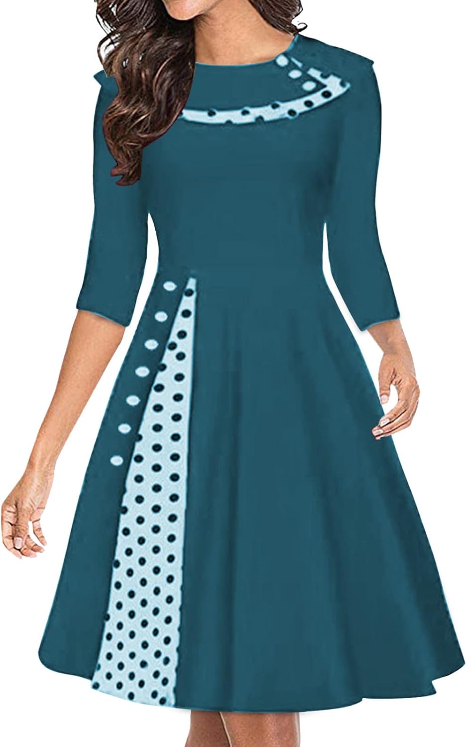 Women Vintage Polka Dot 1950s Audrey Retro Rockabilly Prom Dress 50s Long Sleeve Patchwork Cocktail Party Swing Dress
