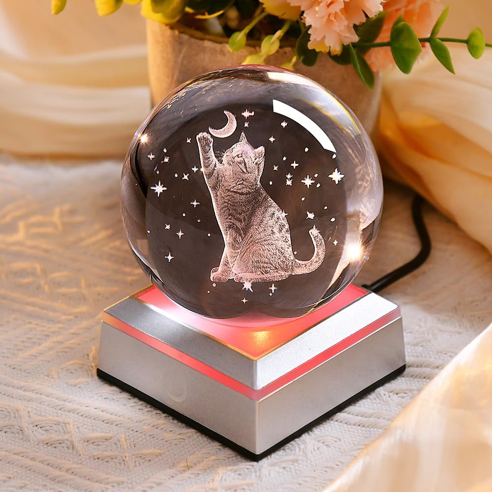 3D Cat Crystal Ball Lover Gifts for Her Women Cat Themed Gifts 80mm Glass Globe Stuff Present Mom Kids with LED Lighting Base - Image 2