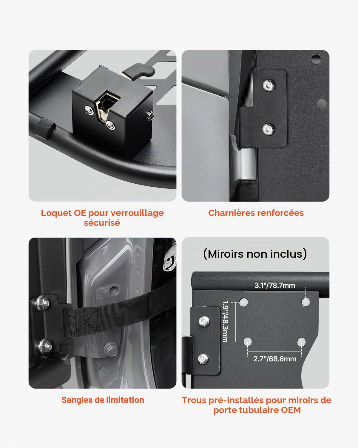 VEVOR Tube porte pour Jeep, 4 portes, porte tubulaire pour Jeep de style chasse avec charnières robustes et coussinets en caoutchouc, pour Jeep Wrangler JL 2018-2024 et Jeep Gladiator JT 2020-2024