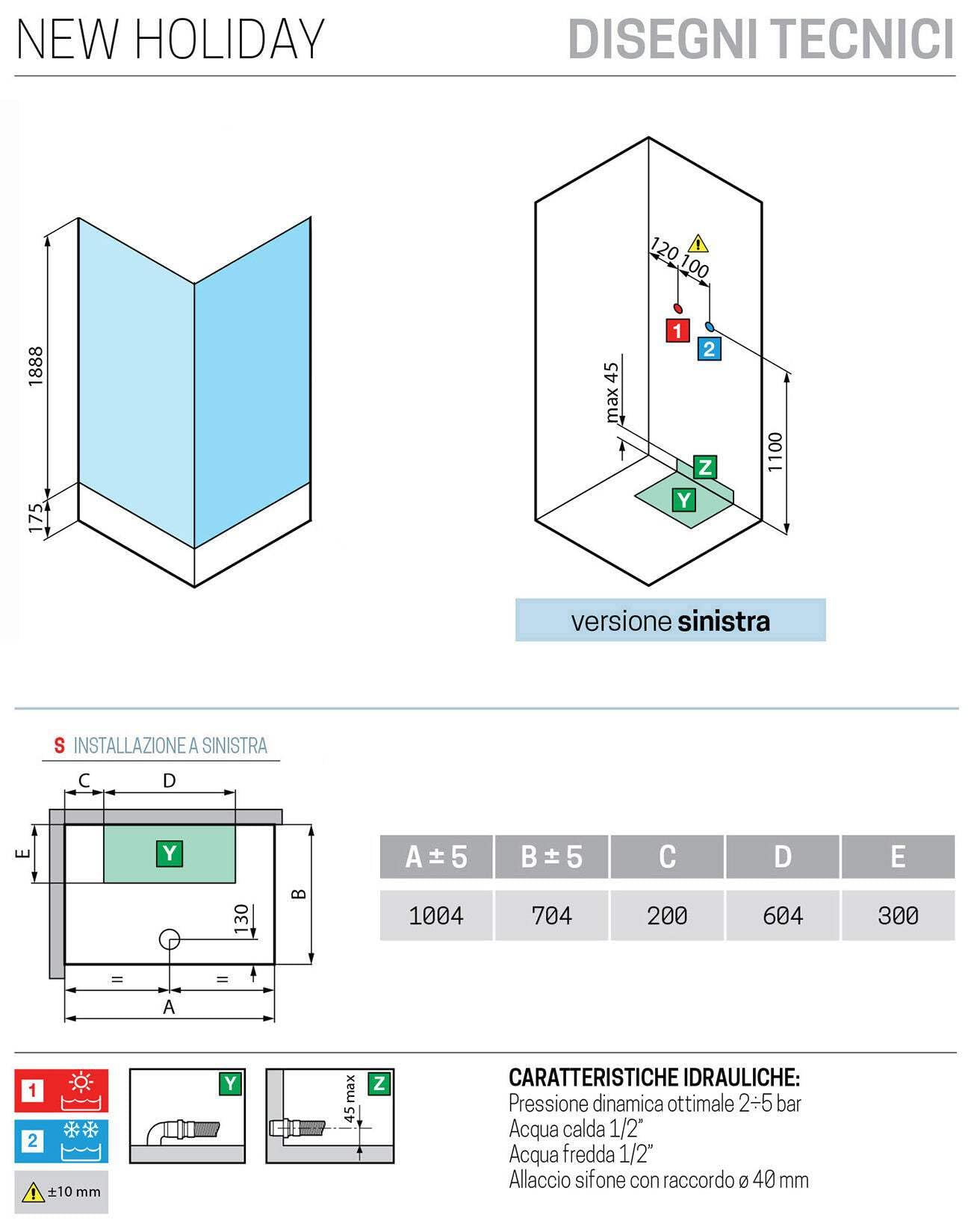 Novellini New Holiday 2P+F Standard 100 x 70 cm Cabina de ducha multifunción apertura 1 puerta corredera 1 fija línea 1 lateral izquierda termostática transparente plata estante ducha asiento H 206 cm