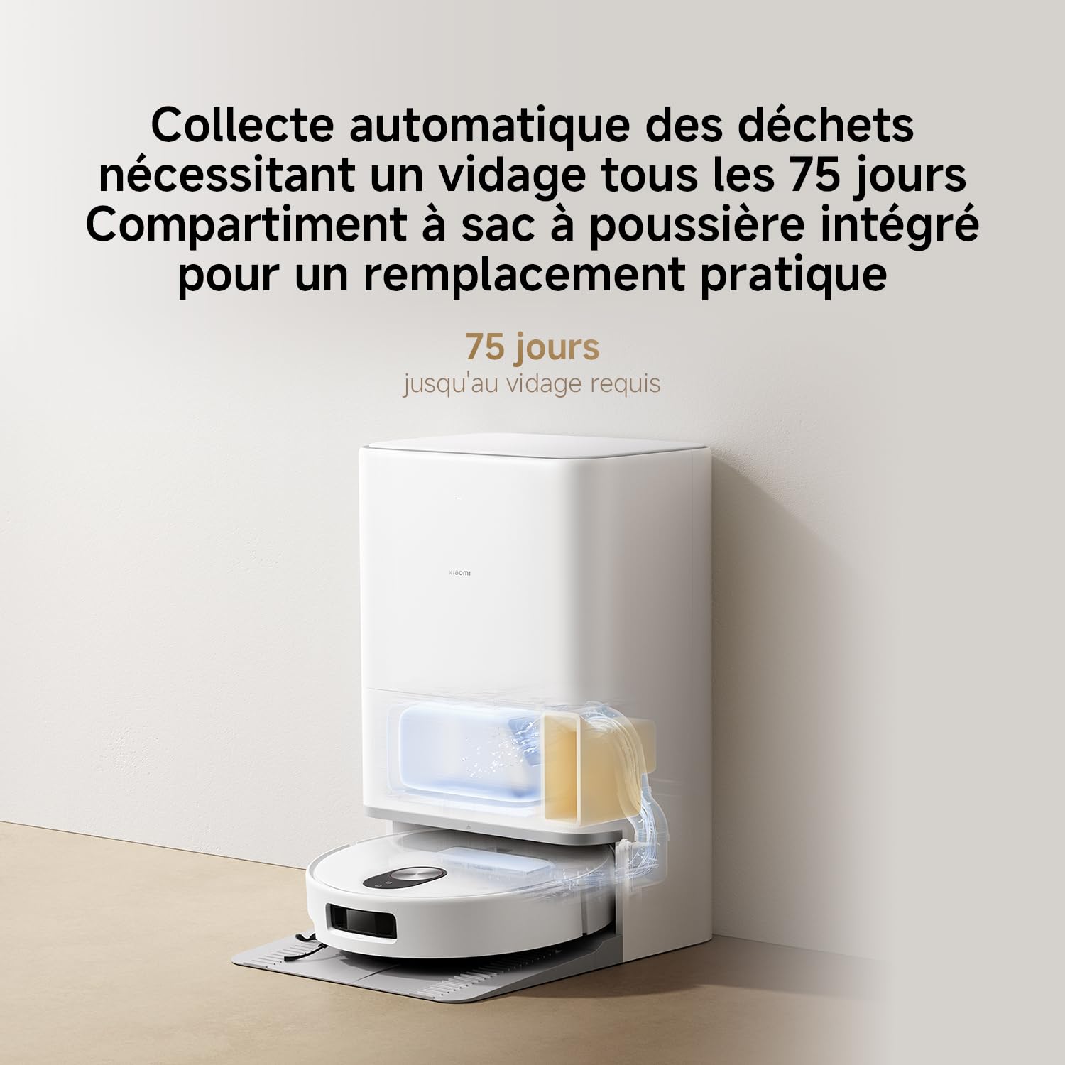 XIAOMI Robot Vacuum 5, Aspiration 20 000 Pa, AutoNettoyage à Eau Chaude 80 °C, Bras Doubles pour Coins, Navigation Laser dToF, Serpillère rétractable, Système Anti-emmêlement.
