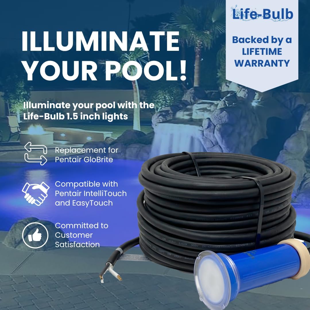 1.5 Inch Pool Light for Inground Pool with 100 Foot Cord - Swimming Pool Light Fixture, Replacement Pool LED Lights - Direct Replacement for Pentair GloBrite - Lifetime Replacement Program