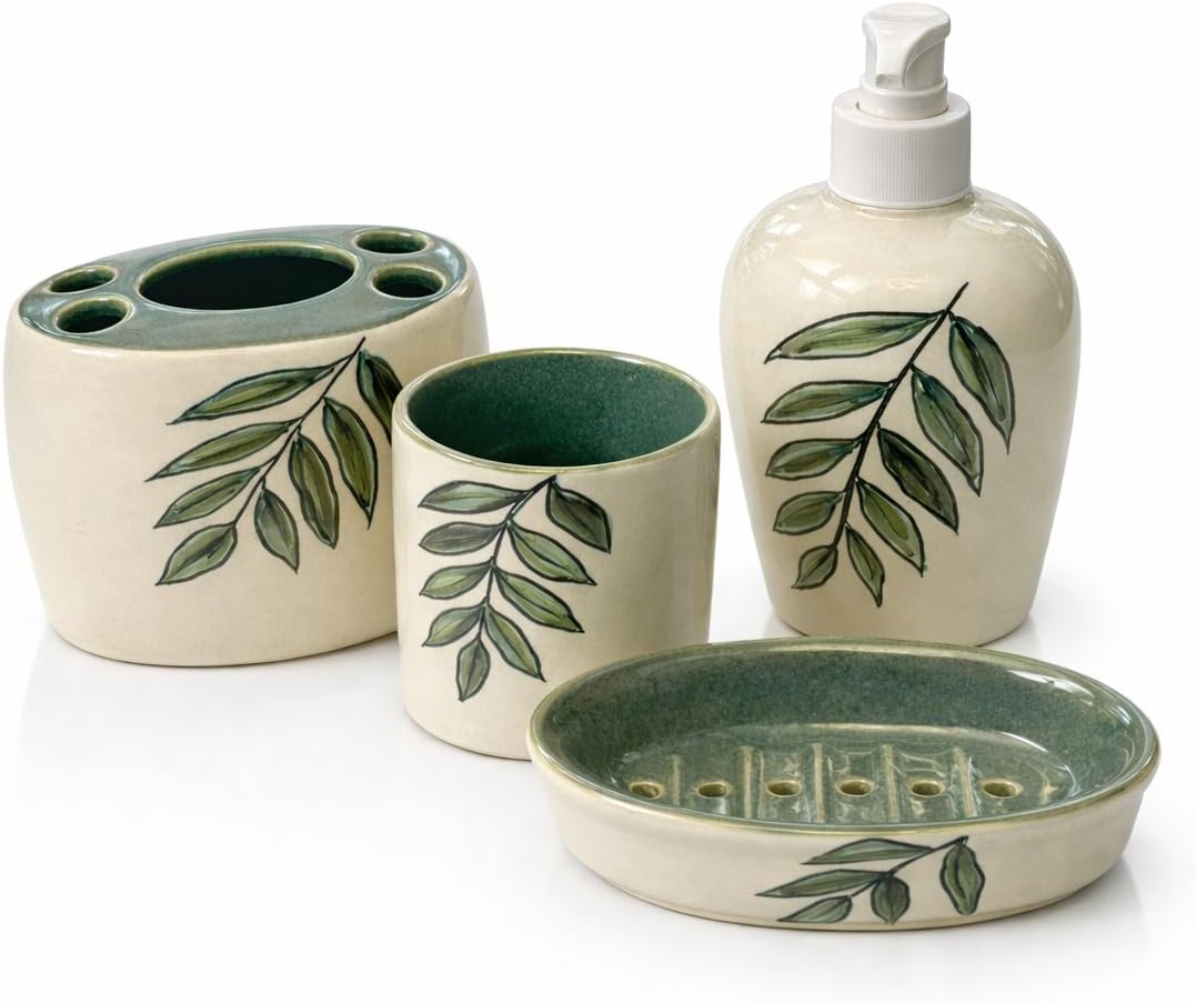 Ceramic Botanical Bathroom Accessory Set, Green Leaf Design, 4-Piece Set with Soap Dispenser, Toothbrush Holder, Tumbler and Soap Dish