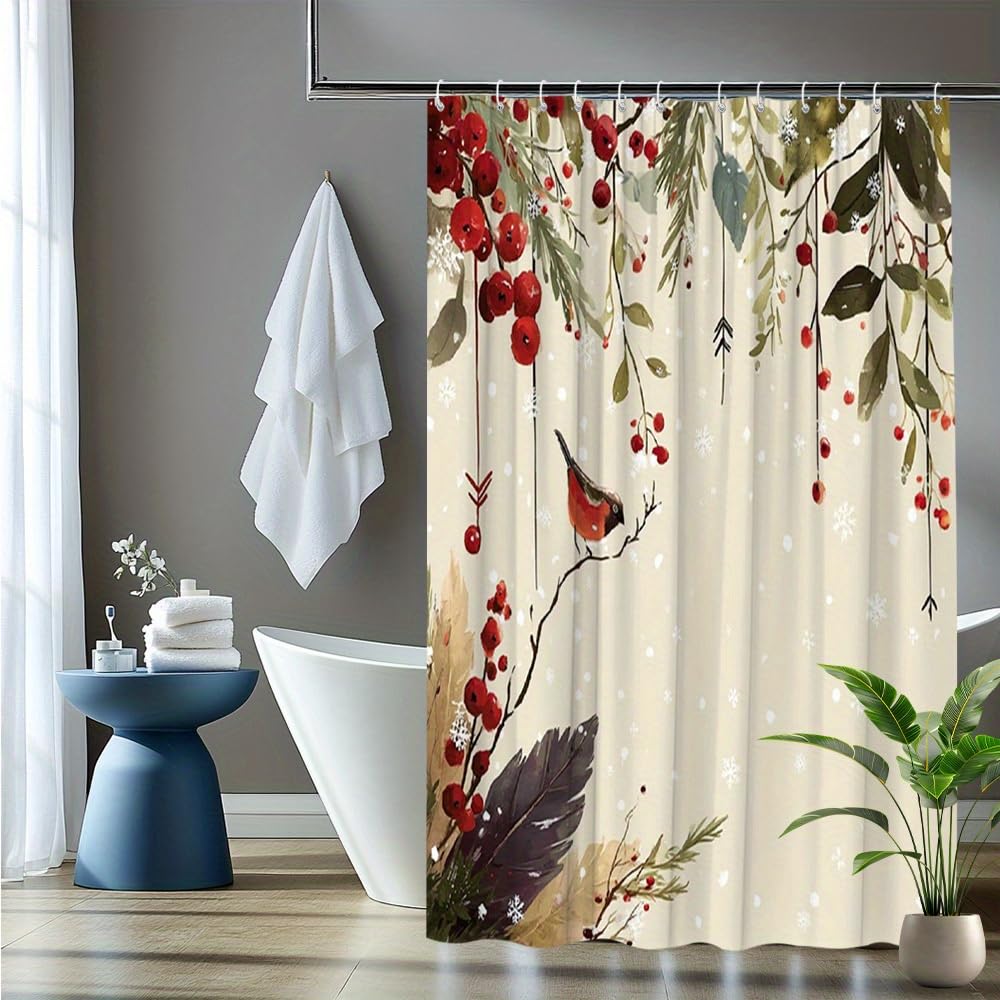 Uiyiui Multicolor-5 Winter Bird & Berry Branches Christmas Shower Curtain 72X72in/182X182cm/Wxh Elegant Berry Vine Pattern Bathtub Divider, Machine-Washable Holiday Bathroom Decor With Hooks