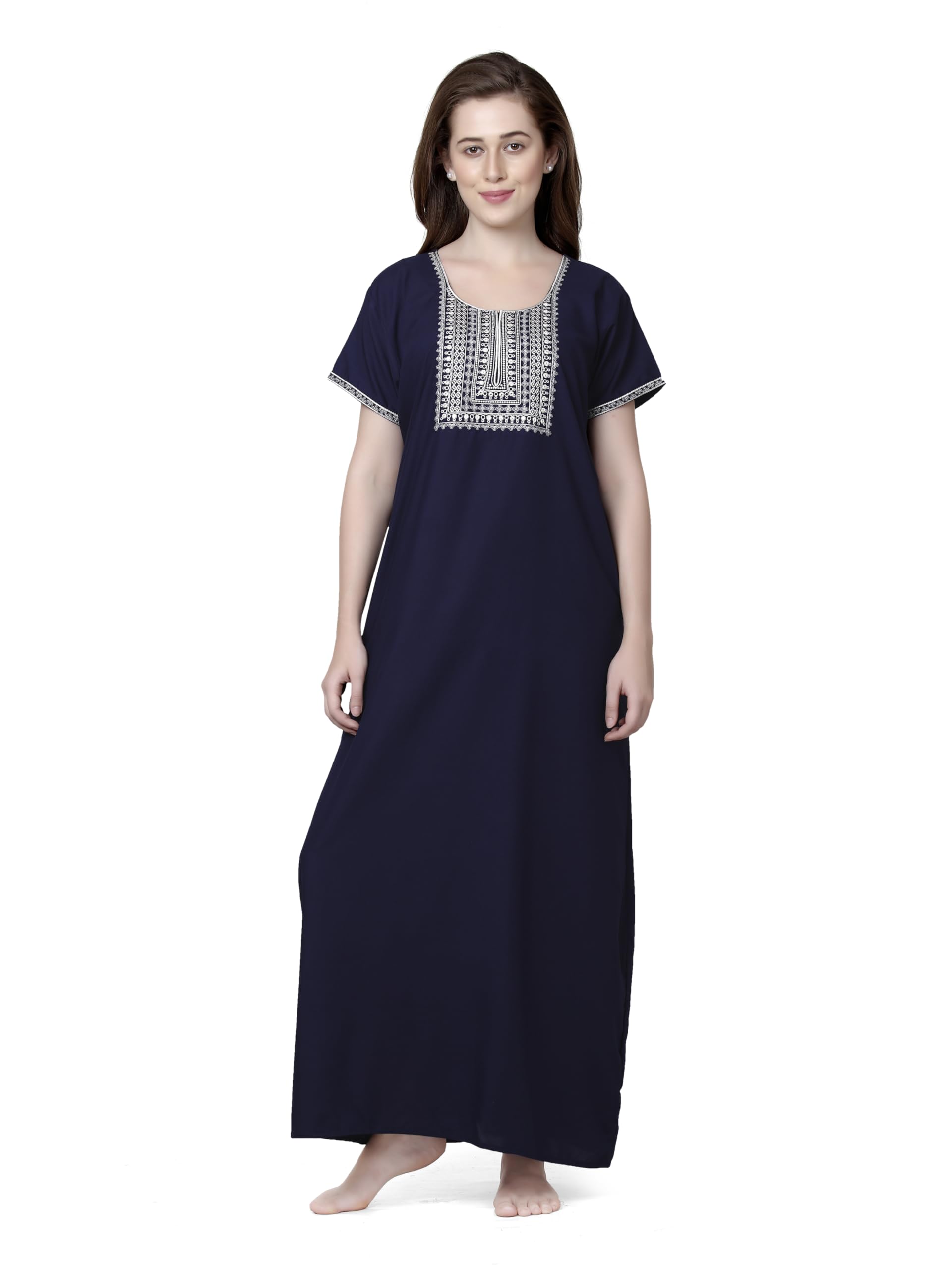 sand dune Plain Straight Fit Night Gown for Womens - Nighty Fabric Bizzy Lizzy - Ladies Maxi with Round Neck has Embriodary-picture-19