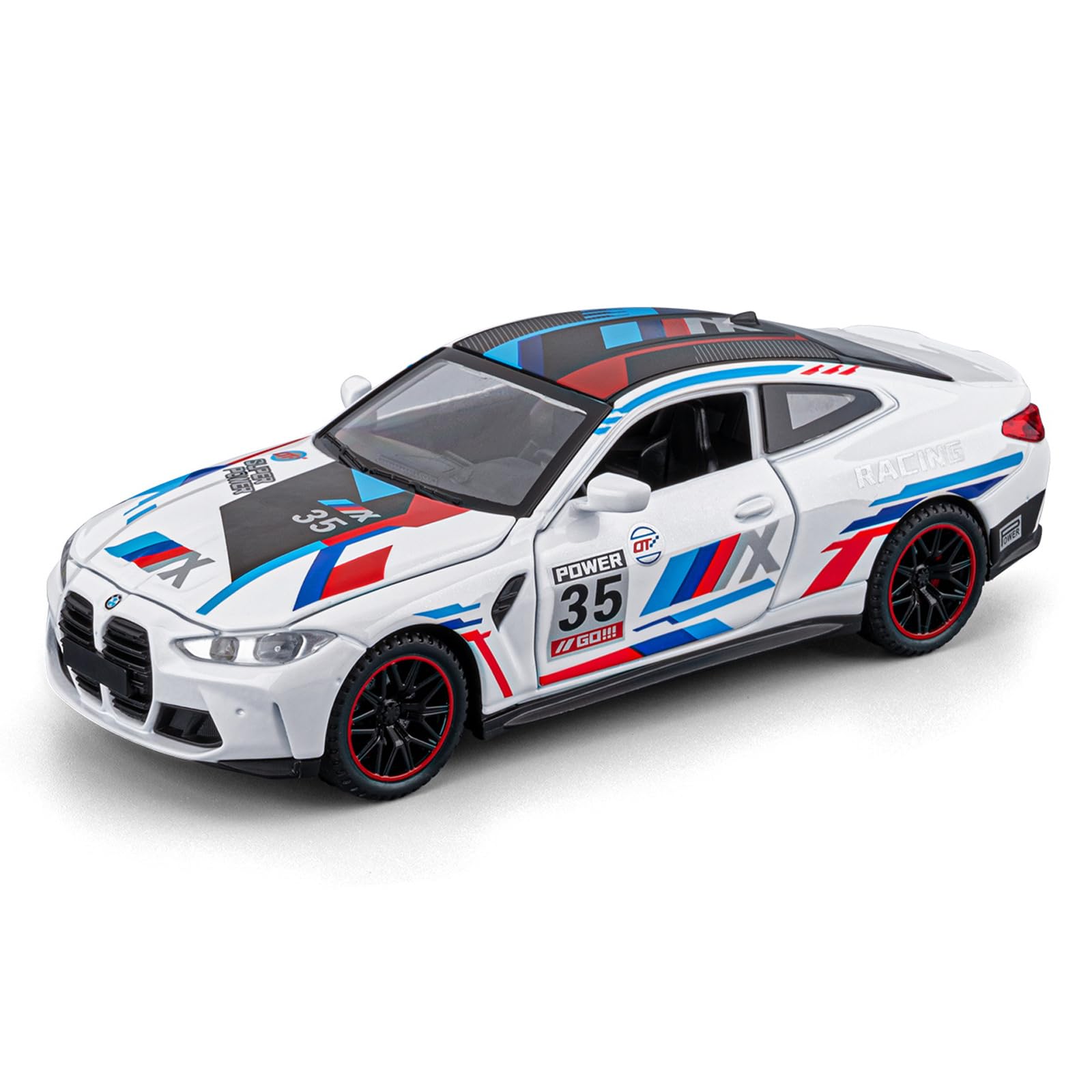 imtfzct 1/32 BMW M4 Toy Car with Pull Back Function and Sound & Light Effects,Toy Vehicle with Openable Doors - Premium Diecast Collectible with Realistic Details White