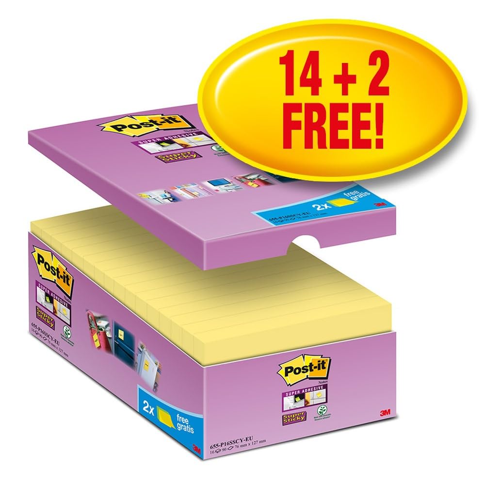 Post-it Super Sticky Notes – 18 Blocs + 6 Gratuits, 90 Feuilles 47,6 X 47,6 Mm, Vert/Rose/Jaune – Ultra Adhésif