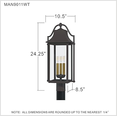 Miniatura 9 de Quoizel MAN9011WT - Poste exterior Manning, 3 luces, 180 vatios totales, bronce occidental
