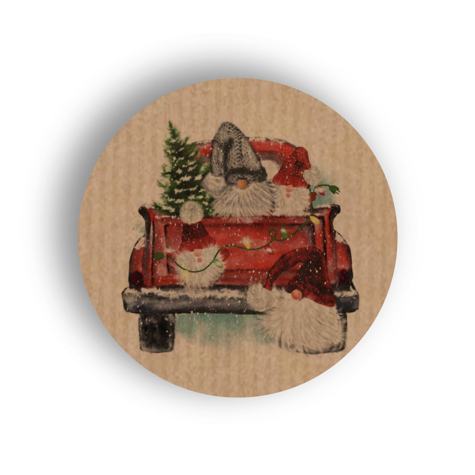 KraftyBazaar Pack of 450 Christmas Van Garden Gnomes Kraft Brown Paper Labels - 37mm Round Self-adhesive labels - Multipack Festive Stationery Craft Decor Vintage Christmas Labels