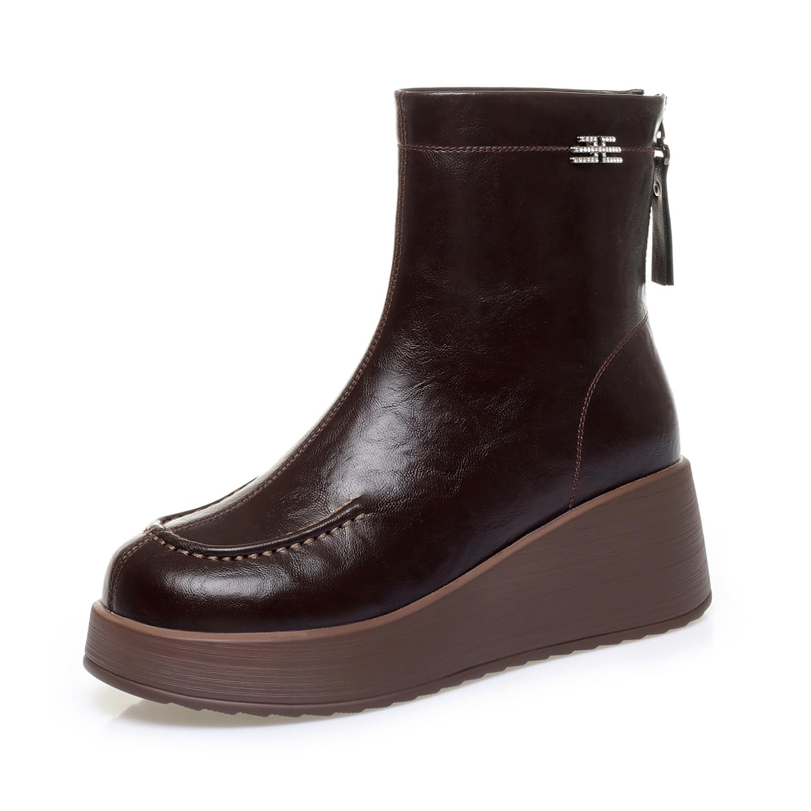 Womens Leather Fur Lined Warm Platform Winter Ankle Boots with Back Zipper Comfort Non Slip Wedge Heel Booties