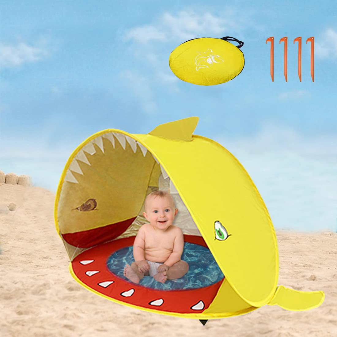 ACMALTIT Baby Beach Tent Portable Pop Up Tent Toddler Beach Shade Essentials UV Protection Play Tent for Kids (Yellow Shark)