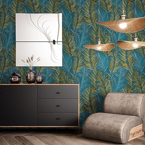 Newroom Tapete Petrol Vliestapete Dschungel - Mustertapete Modern Blau Gelb Palmen Blätter Blumentapete Tropisch Dschungeltapete Regenwald inkl. Tapezier-Ratgeber