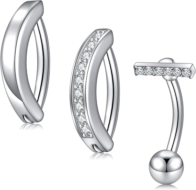 FECTAS 3pcs Silver Belly Button Ring Top Zirconia 316L Surgical Steel 14G Navel Bars Piercing Jewellery