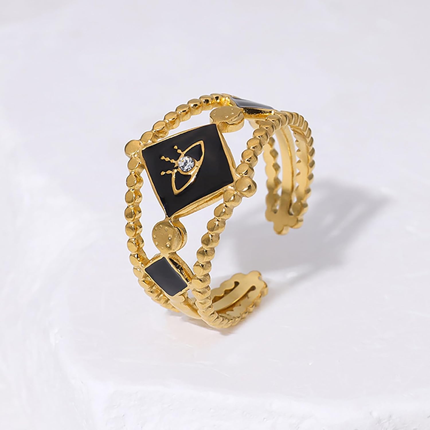 Enamel Evil Eye Rings for Women 14K Gold Plated Adjustable Evil Eye CZ Open Ring - Image 5