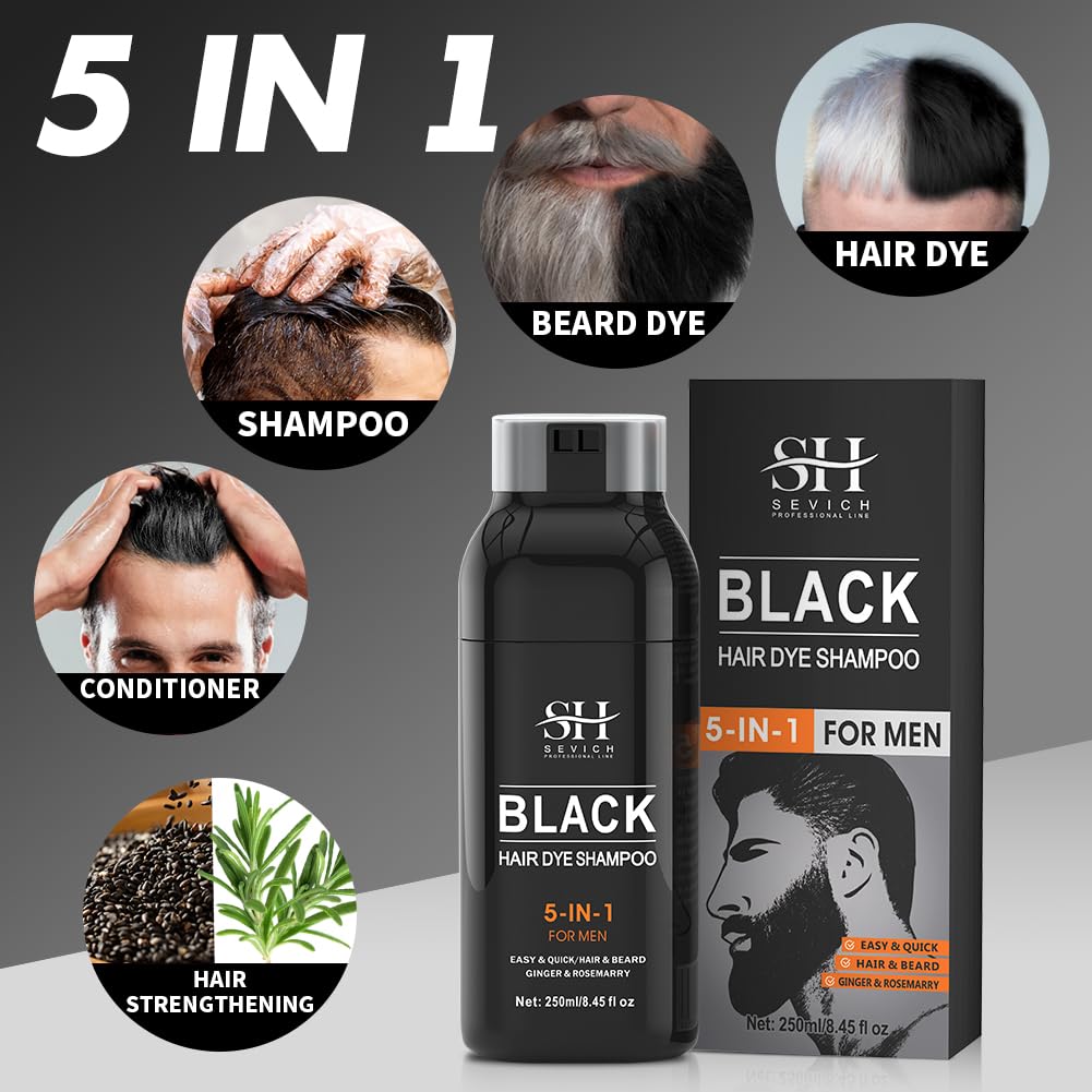 Sevich Black Hair & Beard Dye Shampoo,Semi Permanent Hair Color,Shampoo for Gray Hair and Beard Coverage for Men 5 in 1 Dye Shampoo Conditioner with Natural Ingredients - Image 2