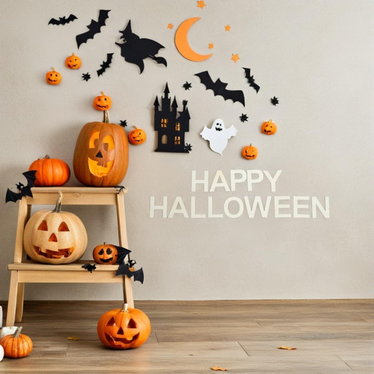 Tofficu 5 Juegos Pintar Happy Halloween, Set de 11cm para Manualidades | Color Beige, Diseño Temática Halloween, Colgantes Reutilizables para Hogar