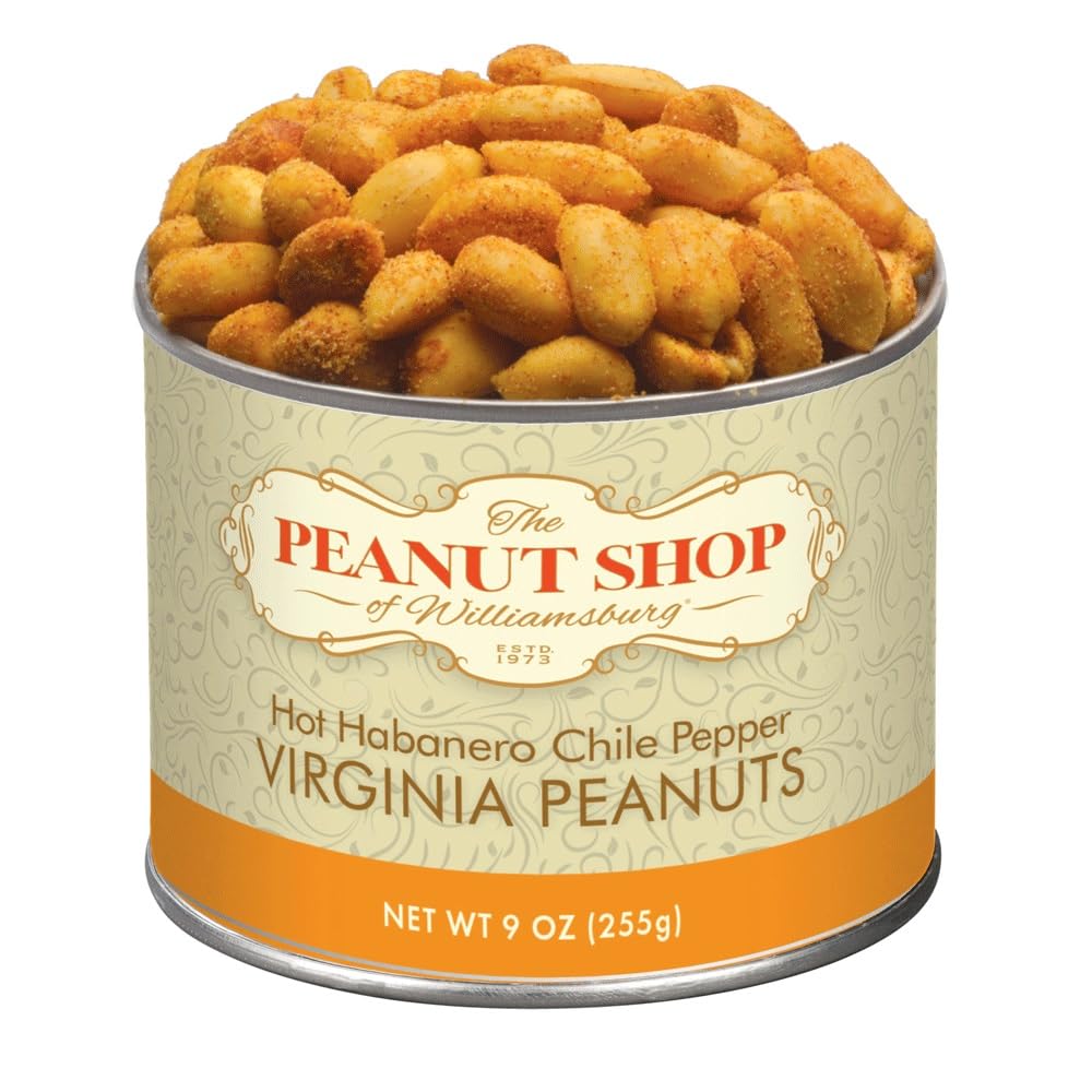 The Peanut Shop of Williamsburg Hot Habanero Chile Pepper Virginia Peanuts, Williamsburg Peanuts Store Gourmet Gift - 9 Oz Tin