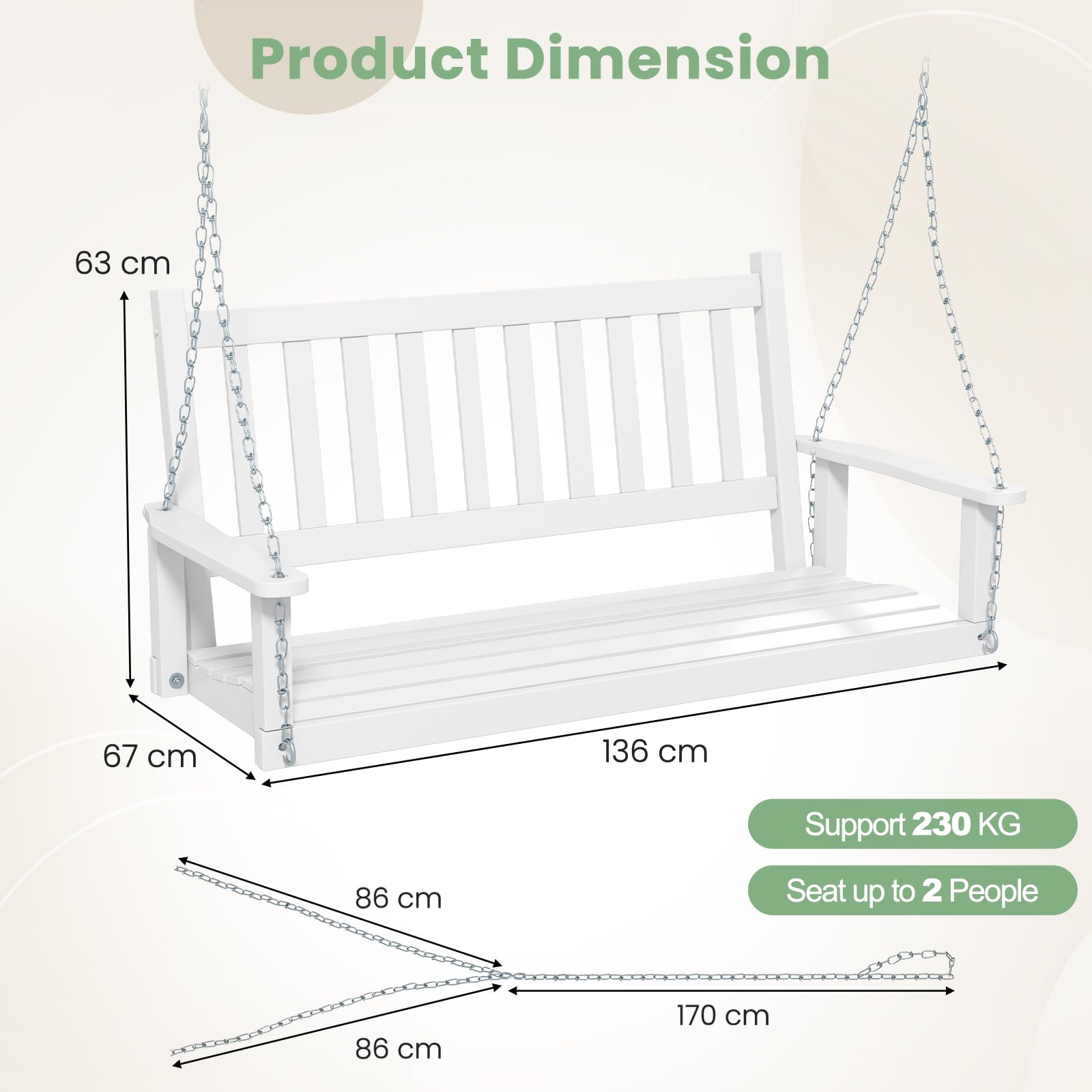 KOMFOTTEU Columpio de Madera de Álamo de 2-3 Plazas, Banco Colgante con Cadenas Ajustables de Metal, Silla Hamaca con Respaldo de Listones, Asiento Suspendido de Jardín (Blanco, 136 x 67 x 63 cm)