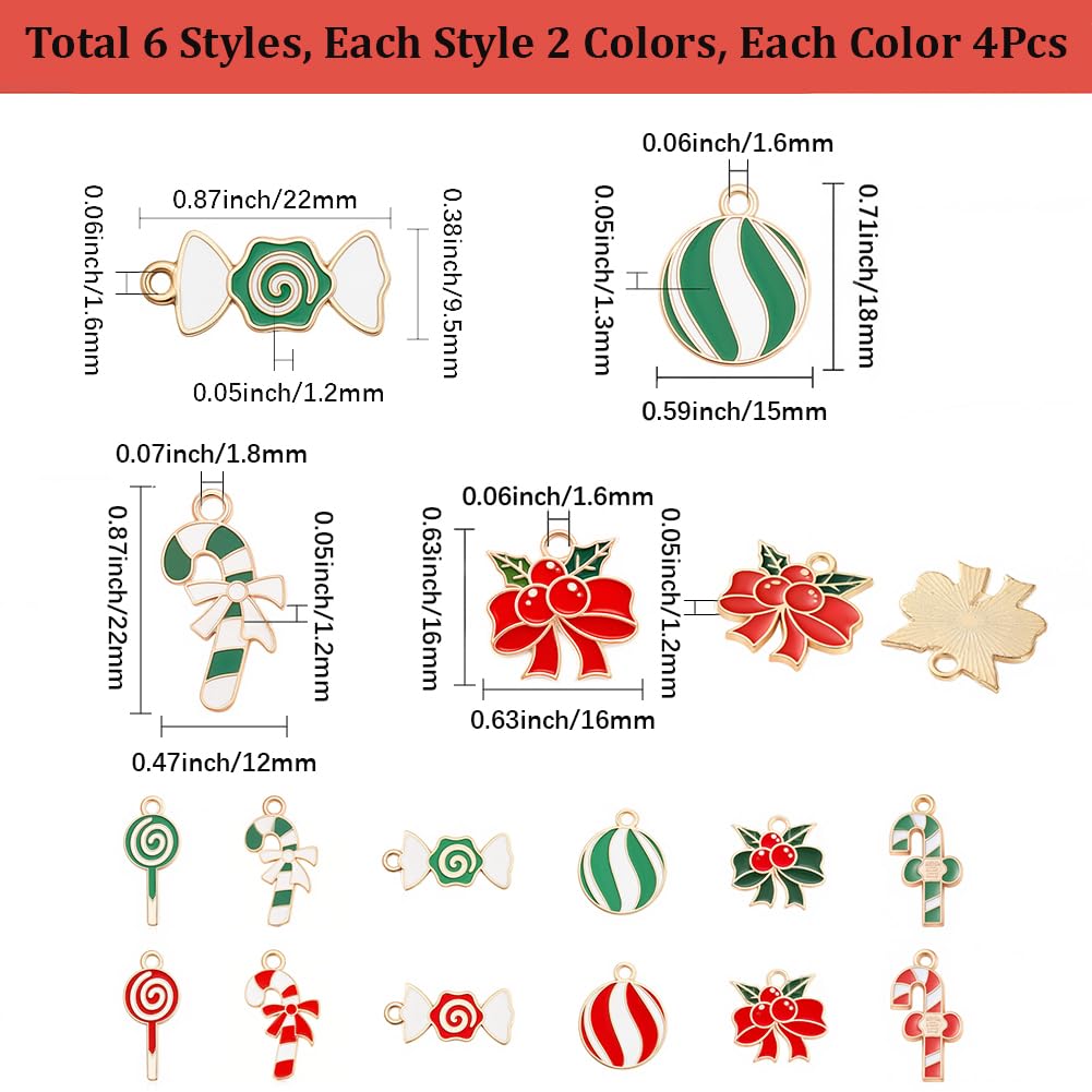 SUNNYCLUE 1 Box 48 Stück 12 Stile Weihnachts Emaille Anhänger Gemischte Weihnachtsanhänger Großpackung Legierung Grün Rot Metall Weihnachtsbonbons Schleife Feiertagsanhänger Für Die Schmuckherstellung