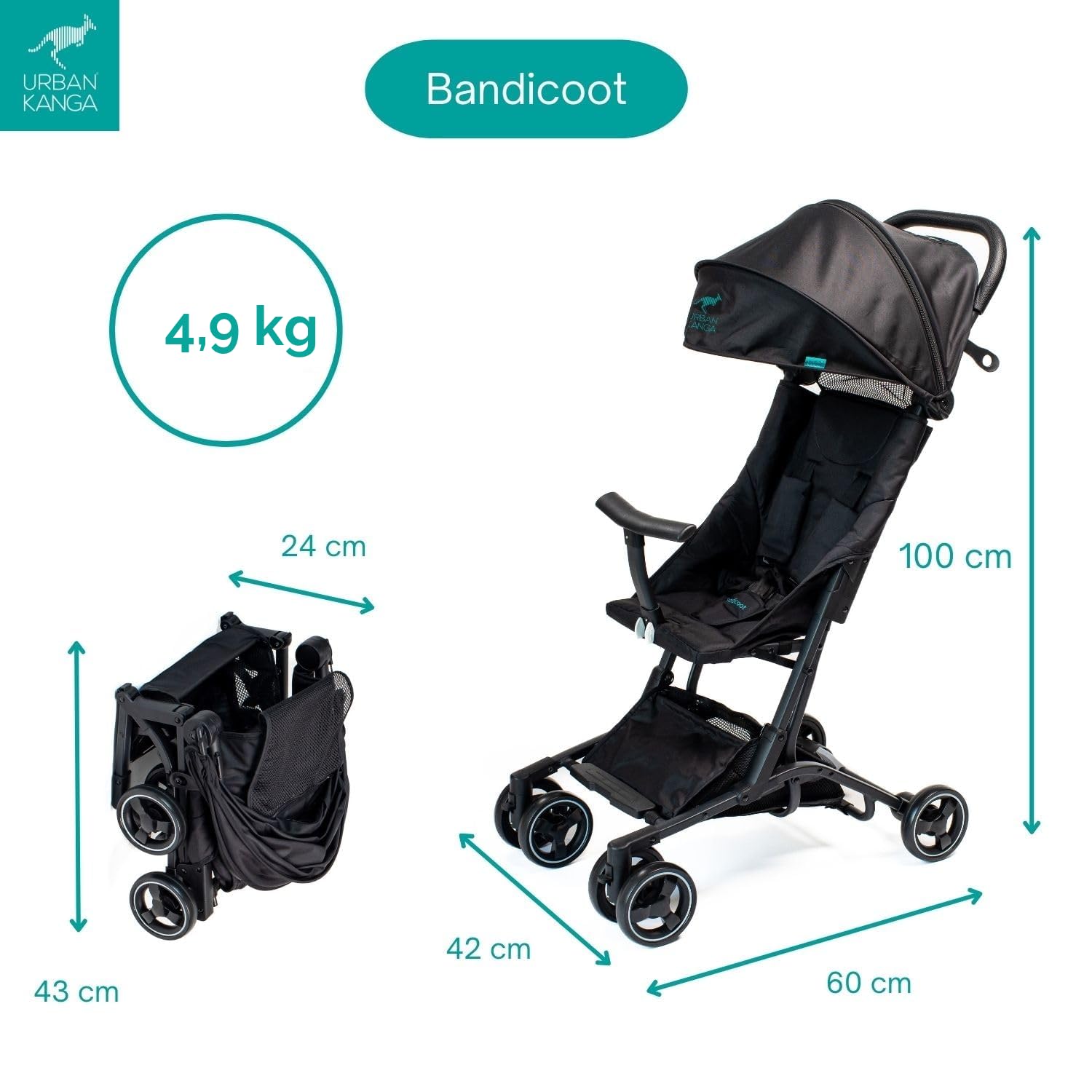 Urban Kanga Bandicoot Silla de Paseo Viaje Plegable Avión 22 kg | Ultraligera, con correa de transporte y funda protectora