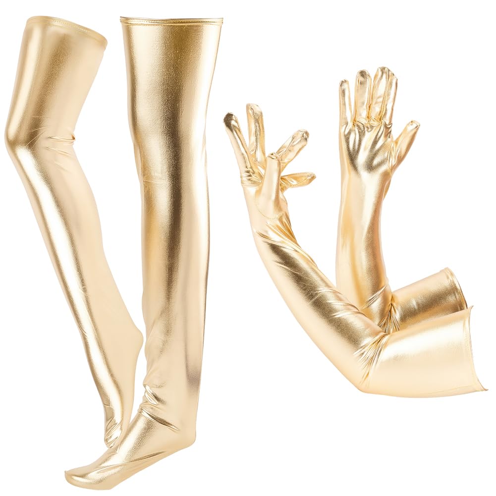 CALFOVERA Spandex Metallic Thigh High Stockings Shiny Elbow Length Wet Look Long Gloves Set Stretchy Women's Carnival Halloween Costume for Rave Role Play Evening Party Costume Cosplay(Gold)