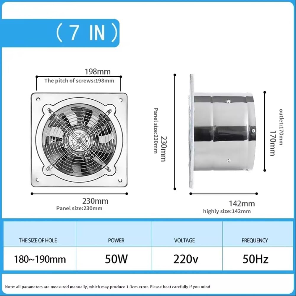 Ventola Aspiratore da Cucina con Motore in Rame Puro, Ventilatore di Ventilazione da Parete in Acciaio Inox per Bagno con Valvola di Non Ritorno per Aspirazione Fumi Attraverso Il Muro, 7inch