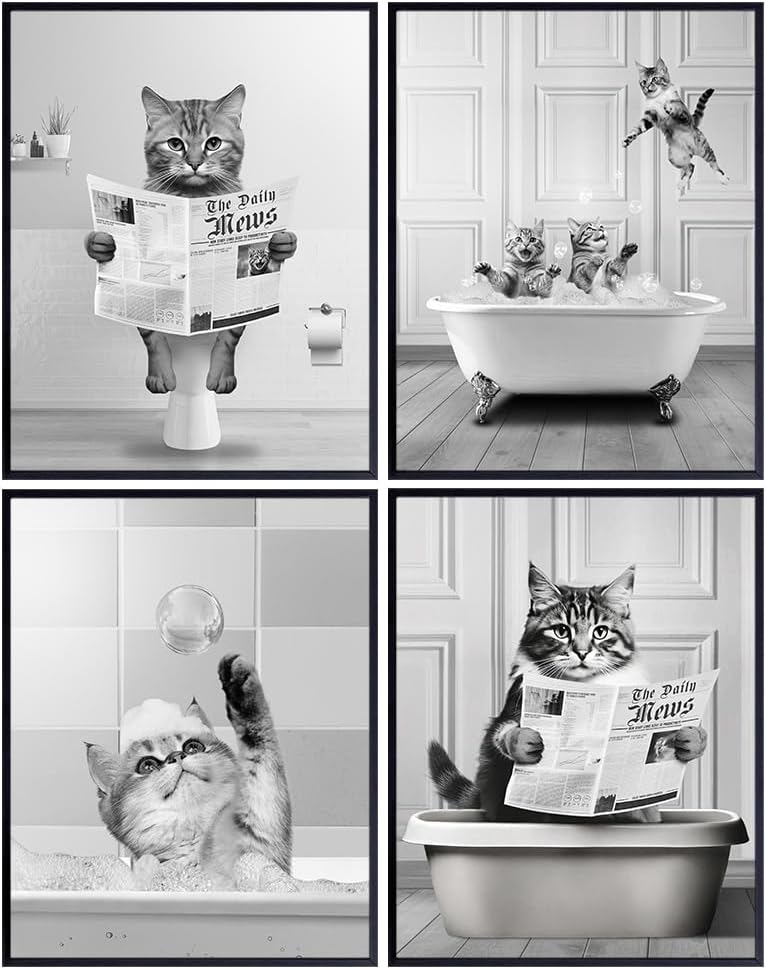 Cute Cat small Bathroom Decor - Cat Decor Gallery Wall Art Collage - funny Kids Bathroom Pictures - Bath Wall Art Set - Kitty Lovers Gifts - Bath Accessories - Kitten Themed Stuff for Women