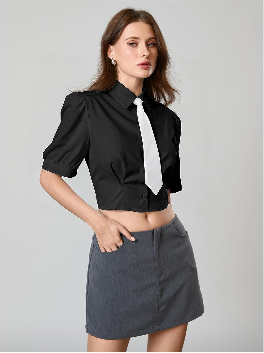 SweatyRocks Women's Puff Short Sleeve Collar Shirt Button Down Crop Blouse Top with Tie - Image 4